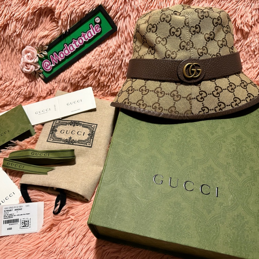 GUCCI Brown Canvas Bucket Hat with complete inclusions in size 57 or small